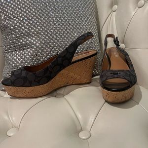 Coach grey black signature ferry peep toe slingback wedge 10 B worn 1x p…